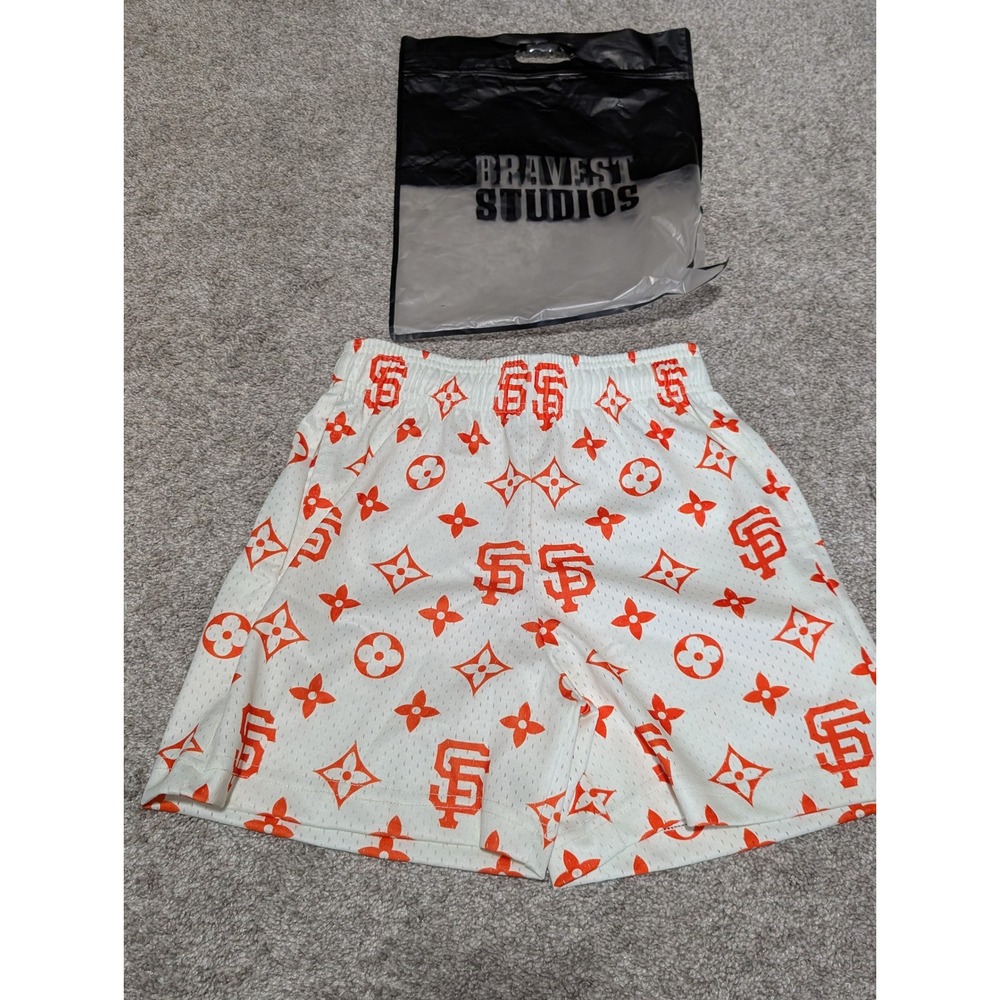 Bravest Studios Shorts Mens XS White Orange Monogram Mesh Basketball Streetwear